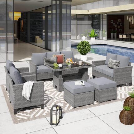 Wicker Outdoor Conversation Set with Lift-top Table Patio Sofa and Dining Table Set